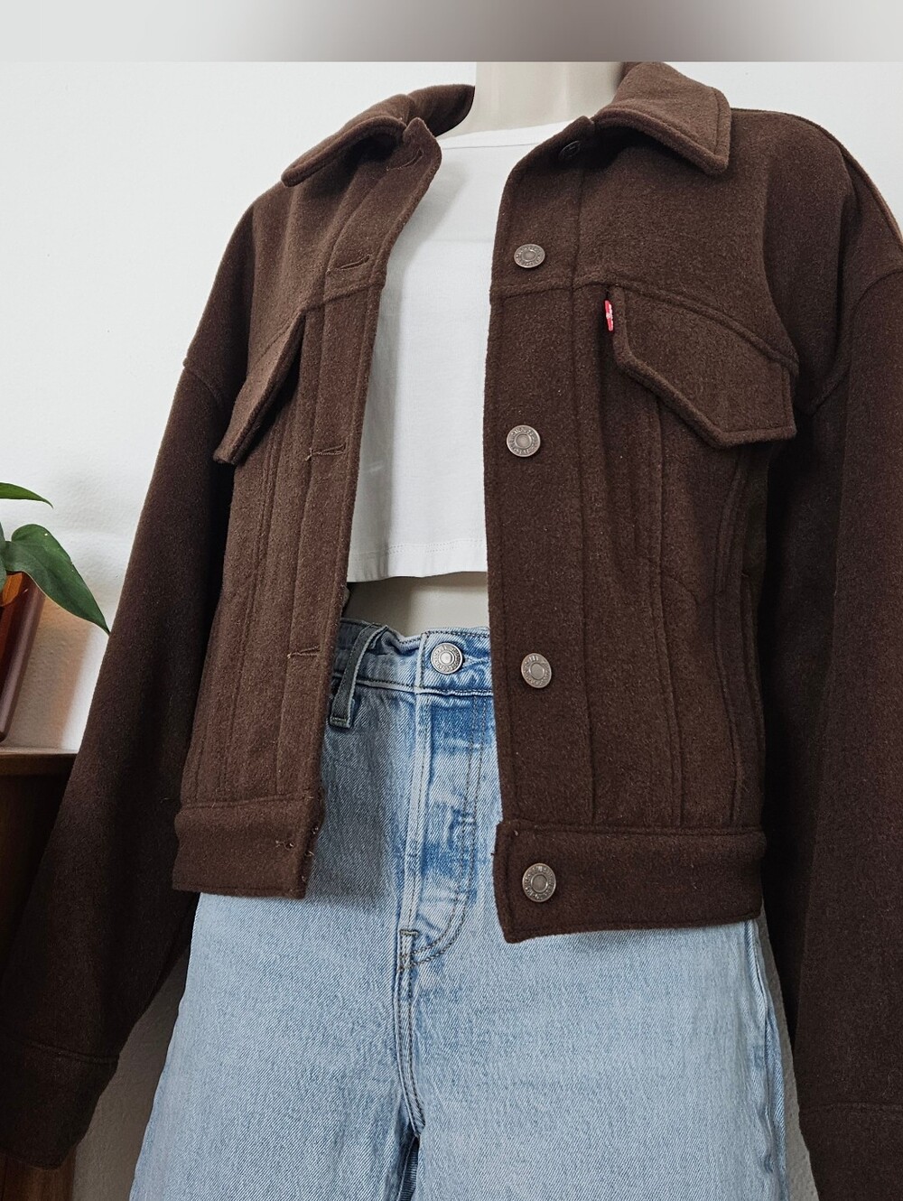 levi's brown bubble wool crop grunge trucker jacket boho 90s grunge y2k boxy